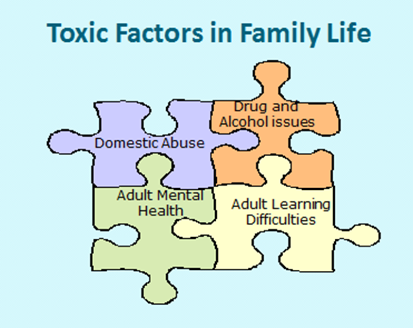 A graphic titled "Toxic Factors in Family Life" depicting four interconnected puzzle pieces representing key challenges: Domestic Abuse, Drug and Alcohol issues, Adult Mental Health, and Adult Learning Difficulties.
