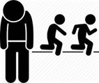 Drawing of one person looking sad and two others in the background running away.
