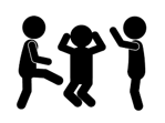 Drawing of two people kicking and hitting a third in the middle.