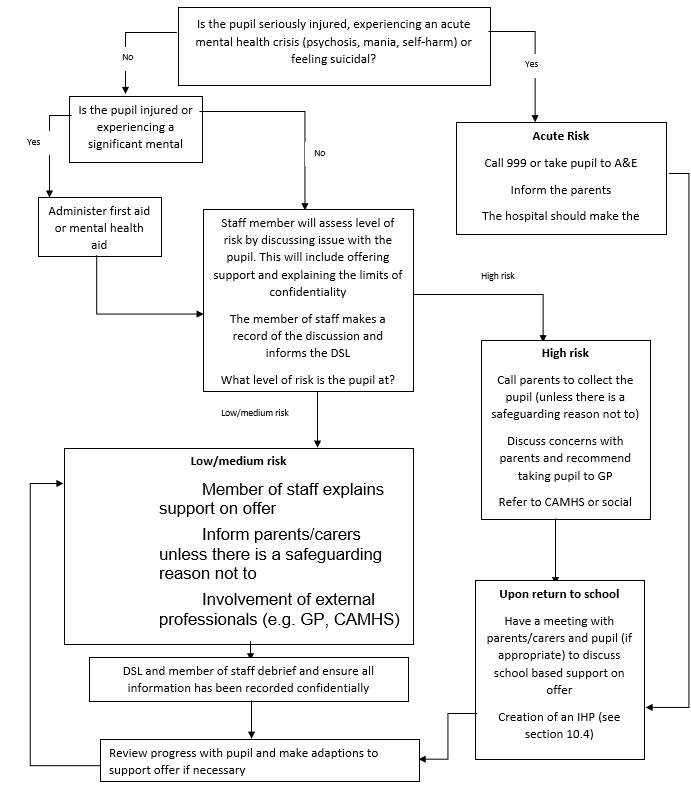 Flowchart outlining school decision pathways for pupil injury and mental health support based on risk level.